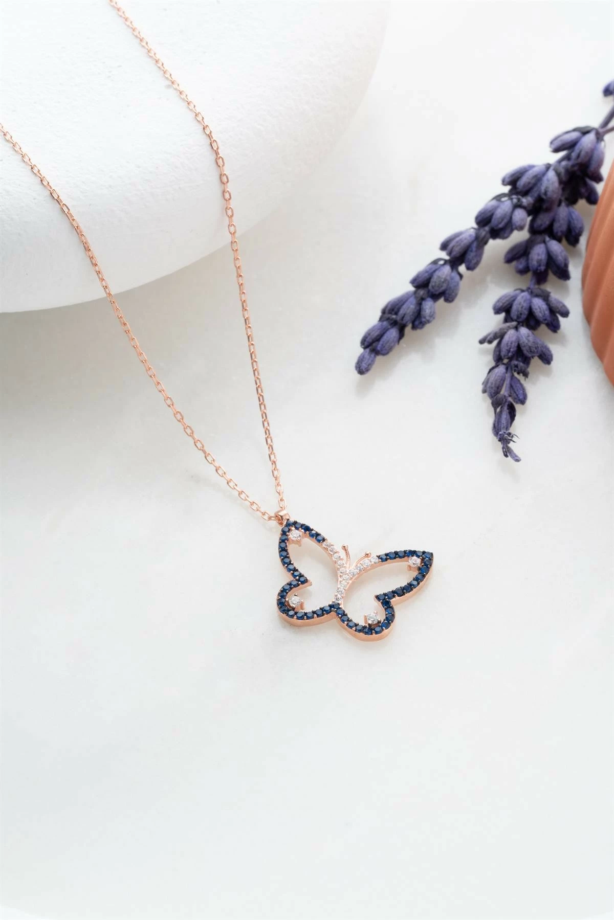 Varëse argjendi me flutur, ngjyrë rozë ari dhe gurë zirkon blu, Jumeon, NRZ999042