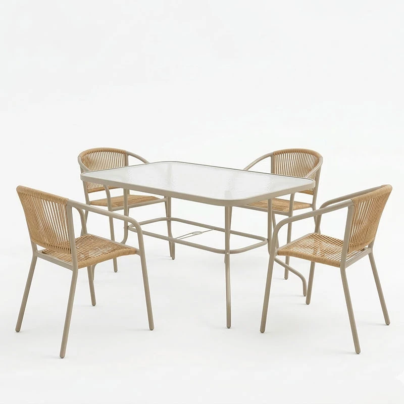 Set tavoline me karrige Valor-Lindaria, 5 pjesë, metal, ngjyrë shampanjë dhe pe rattan, 110x60x70cm