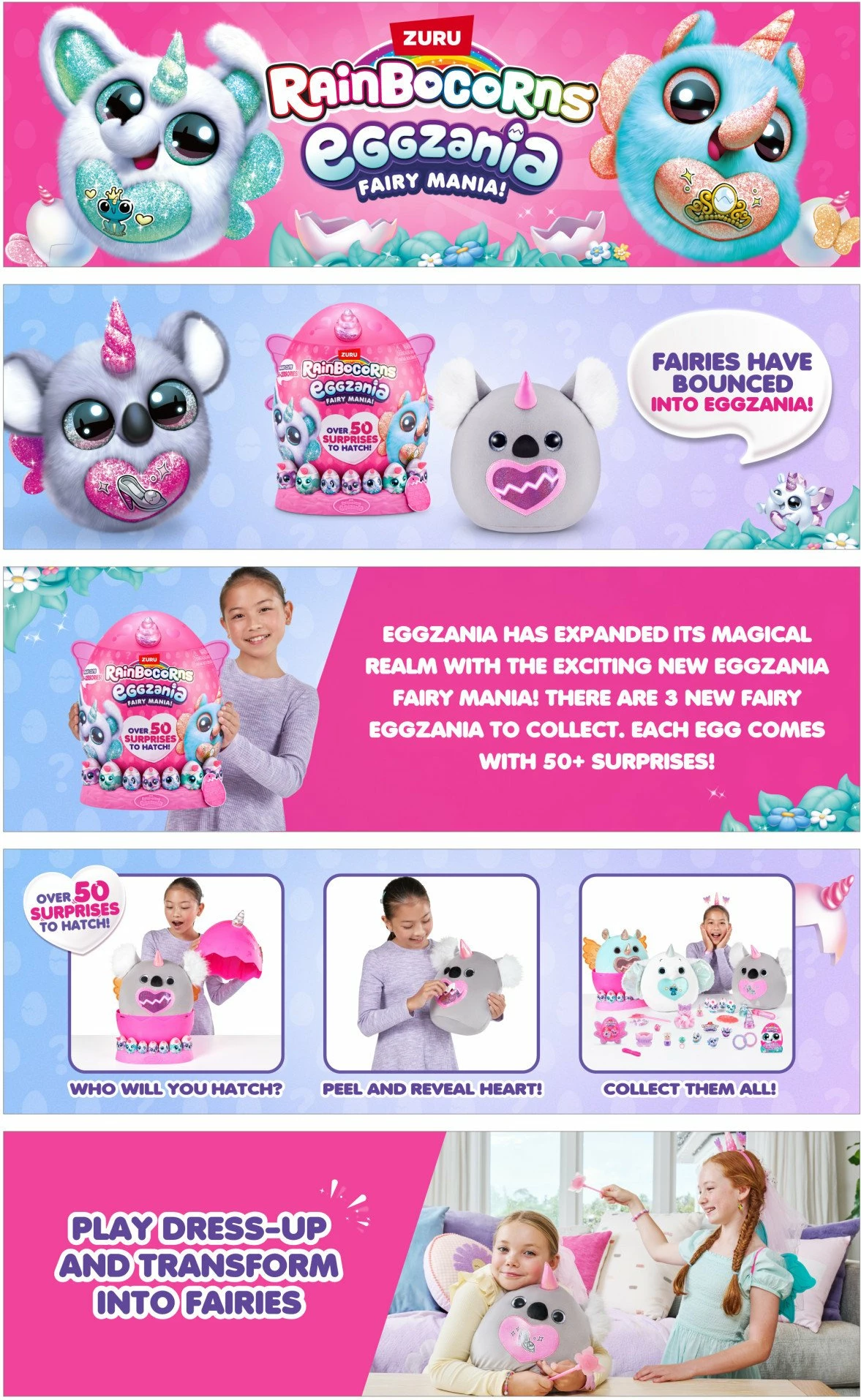 Lodër plush surprizë RAINBOCORNS Eggzania Fairy Mania S1, 50+ surpriza, model i rastësishëm, rozë/gri