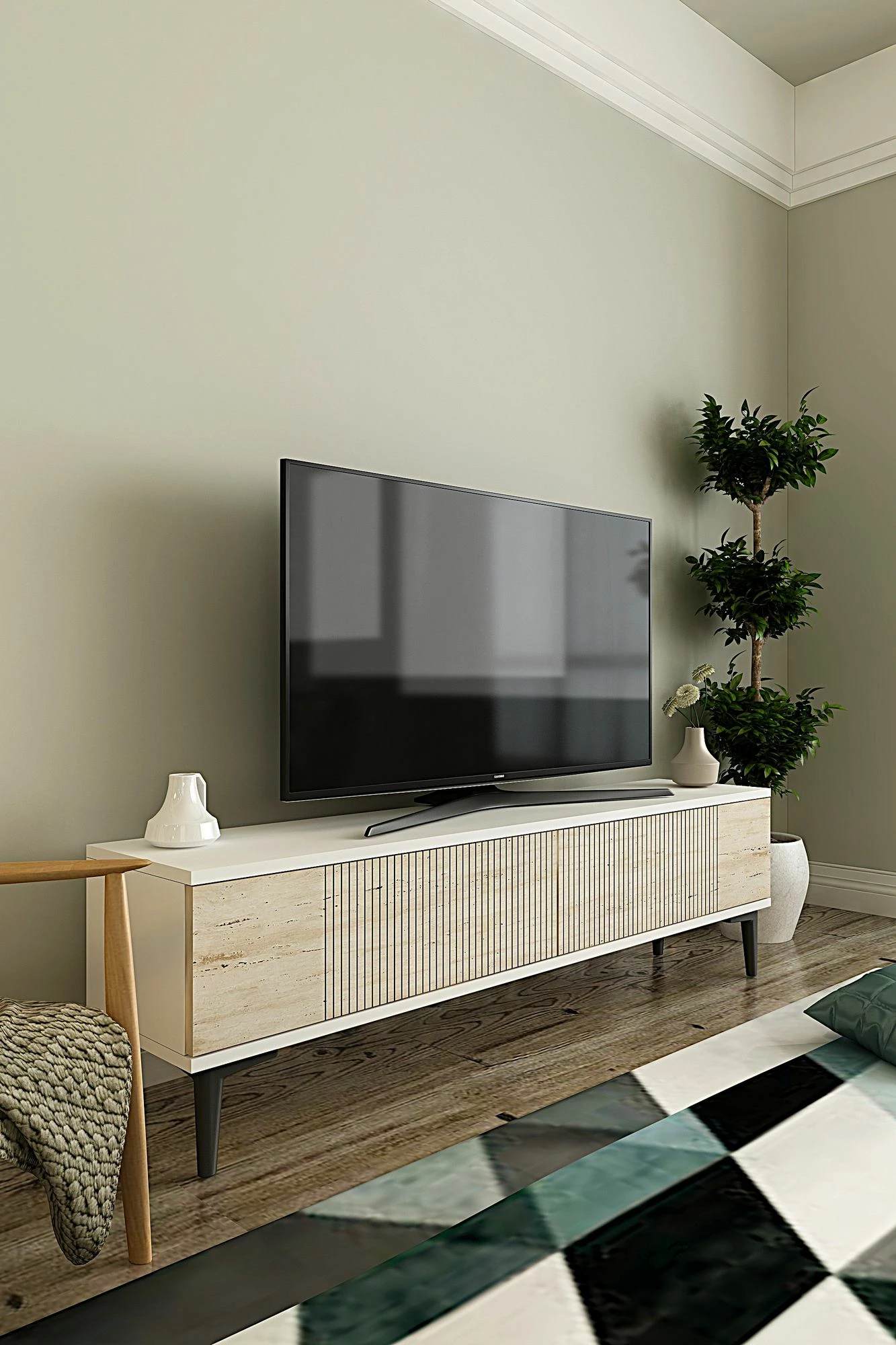 Komodë TV Skye Decor, Corsa 120, e bardhë, travertin