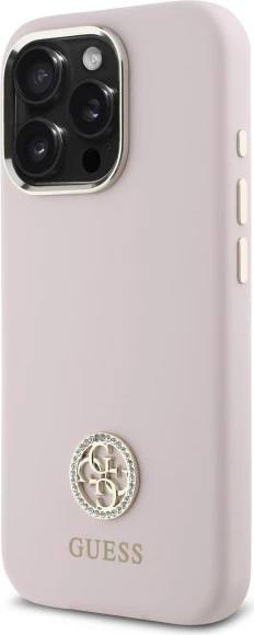 Mbështjellës Guess Silicone Logo Strass 4G për iPhone 16 Pro Max, rozë e çelët