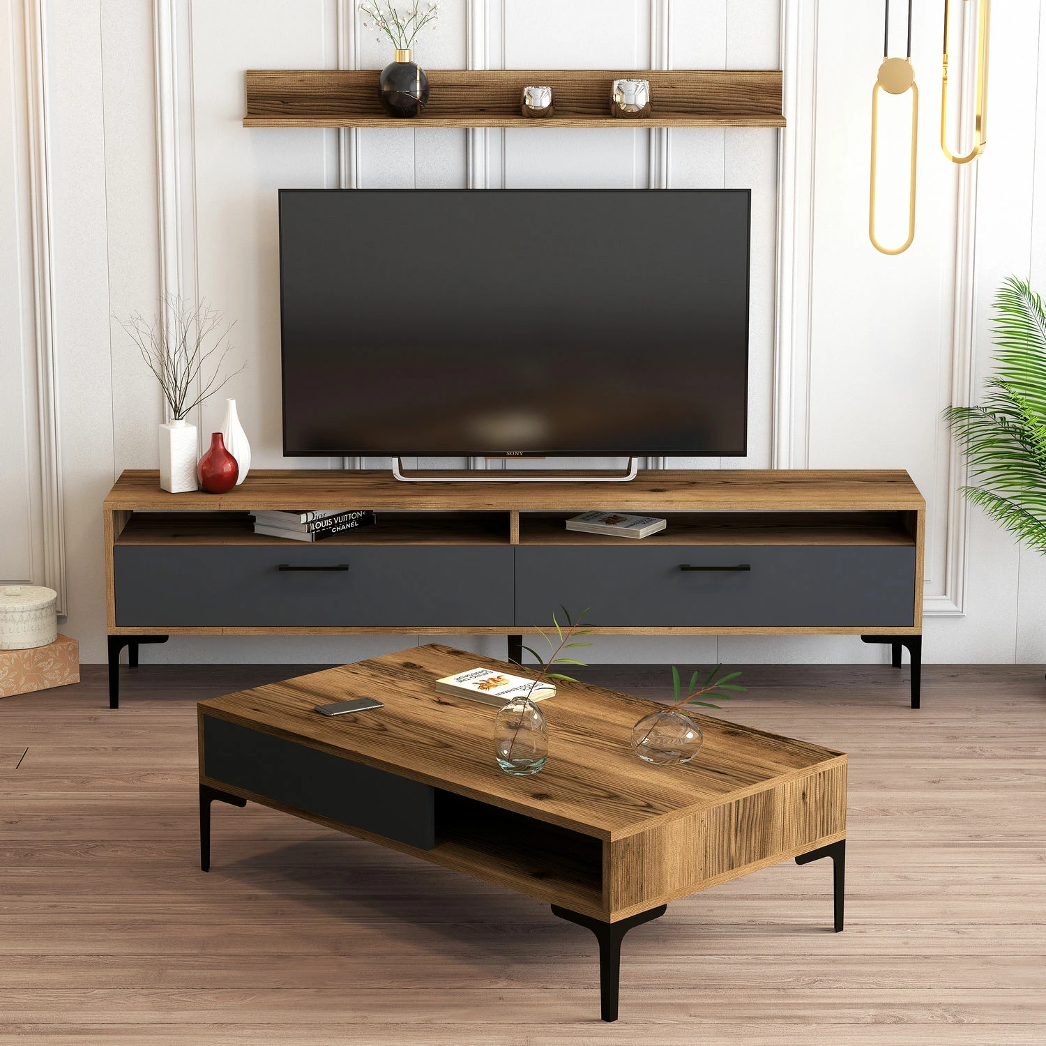Set mobiljesh për dhomë dite Hanah Home, Istanbul, ngjyrë arre dhe antracit