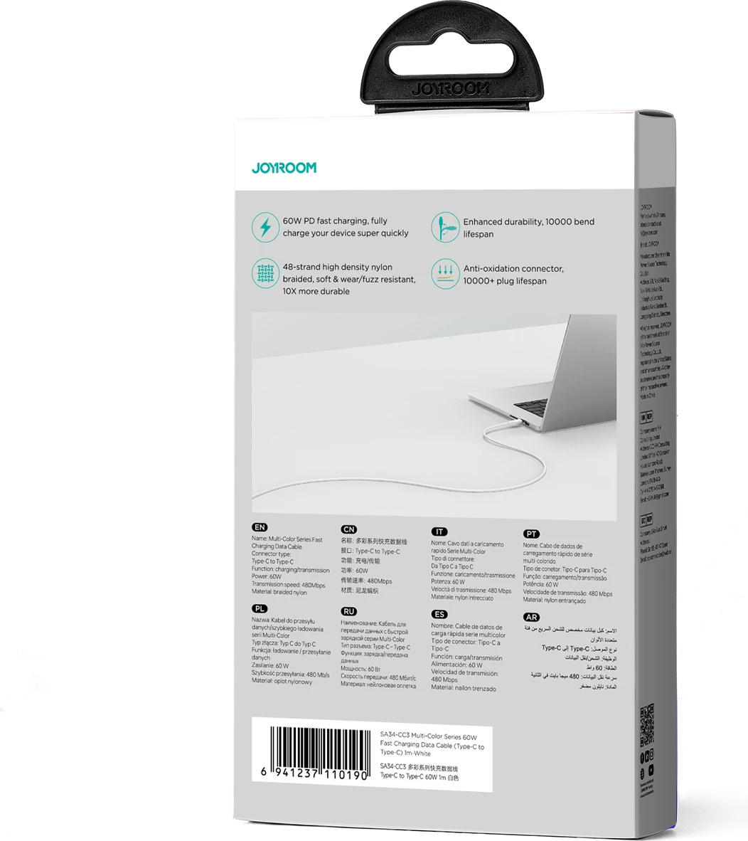 Kabllo USB-C në USB-C Joyroom Multi-Color Series S-A34, 1m, 60W, Bardhë