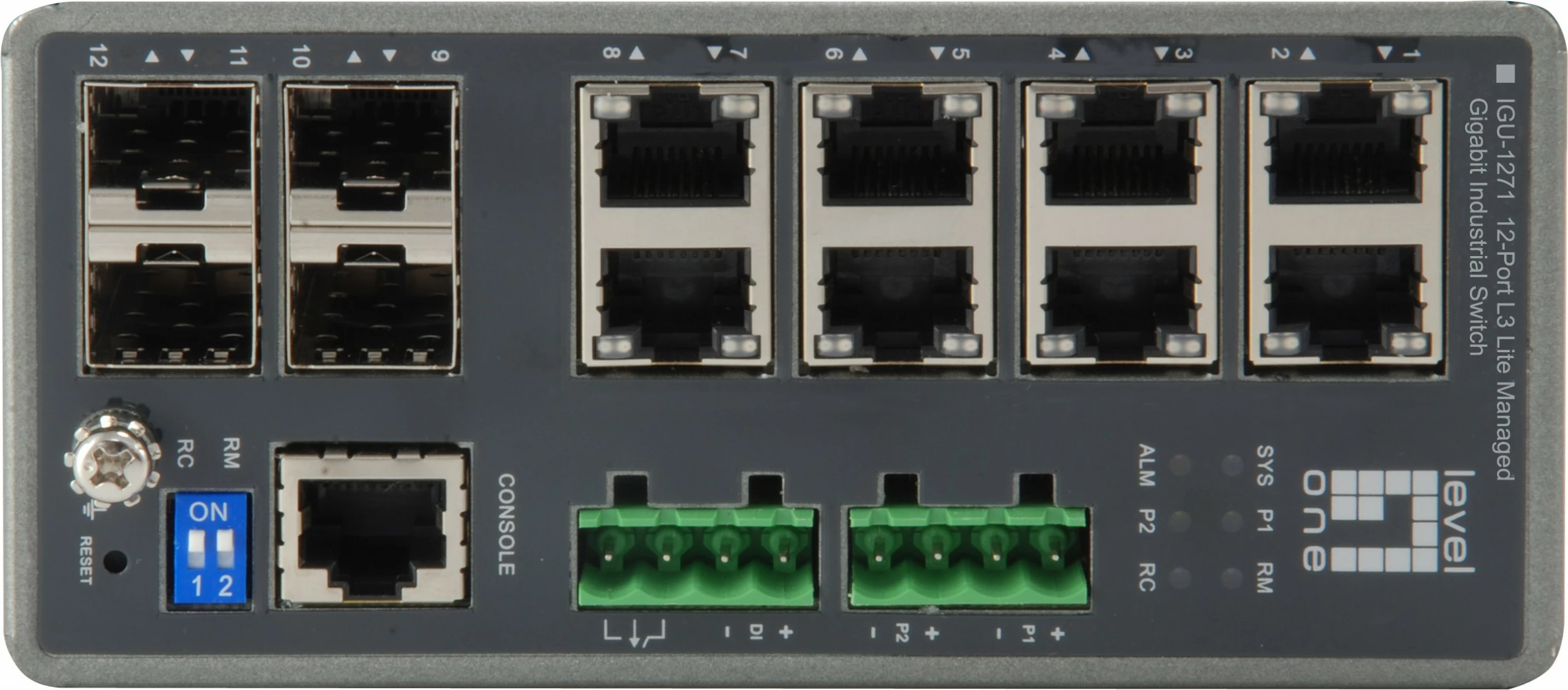 Switch LevelOne TURING 12-Port L3 Lite Managed Gigabit Industrial, 4 x SFP, DIN-Rail