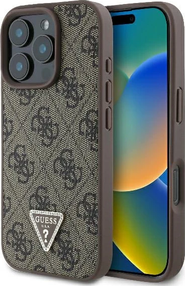 Mbështjellës Guess 4G Triangle Strass për iPhone 16 Pro, MagSafe, Kafe