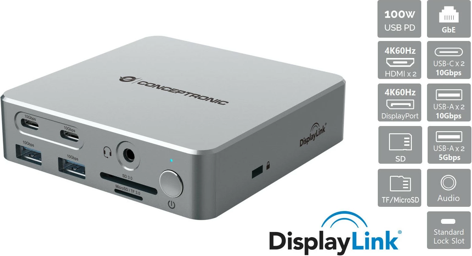 Docking station Conceptronic 15-1 USB-C, 2x HDMI, 2x USB-C, 4x USB-A, 80W, argjend