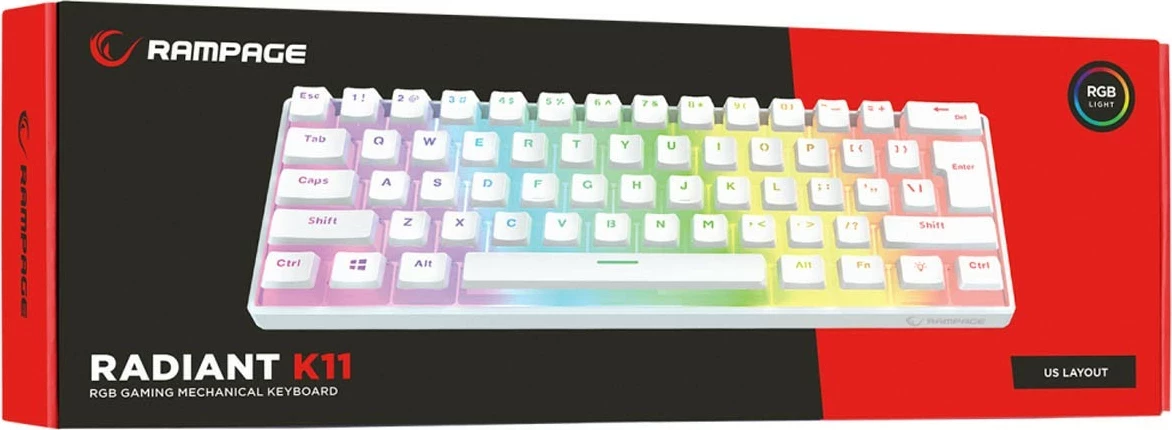 Tastierë gaming Rampage Radiant K11, 60%, RGB, Blue Switch, e bardhë