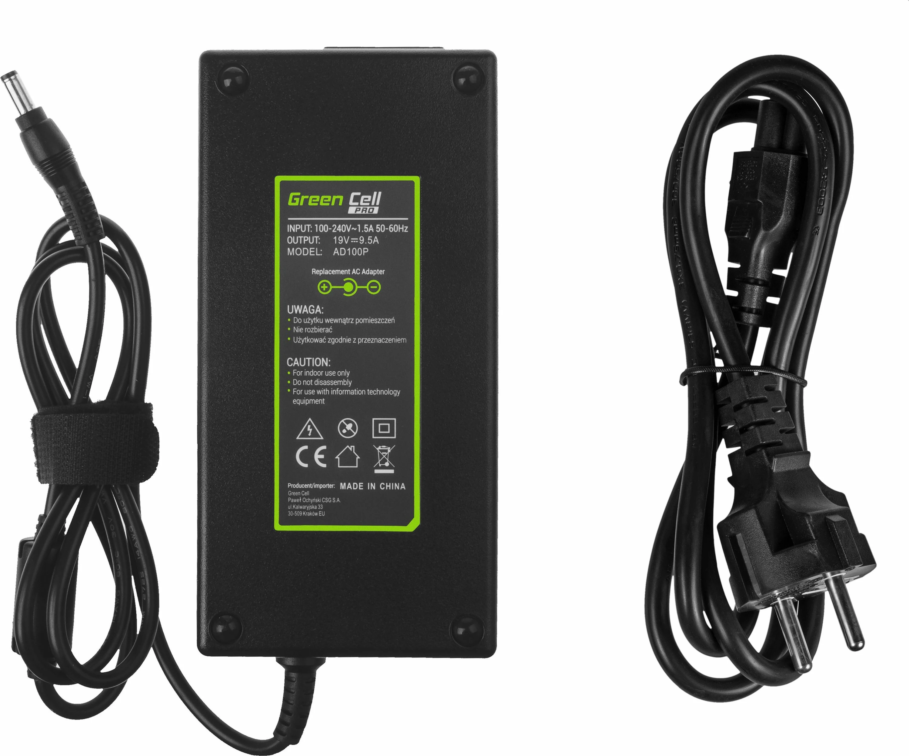 Adapter rryme për laptop Green Cell AD100P 180 W 19 V 9.5 A (5.5x2.5 mm), i zi, me kabllo rryme 1.2 m