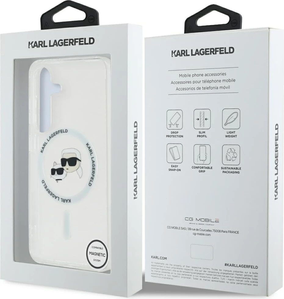 Mbështjellës Karl Lagerfeld Button Karl & Choupette Heads Printed Logo MagSafe për Samsung Galaxy S25 Plus, bardhë