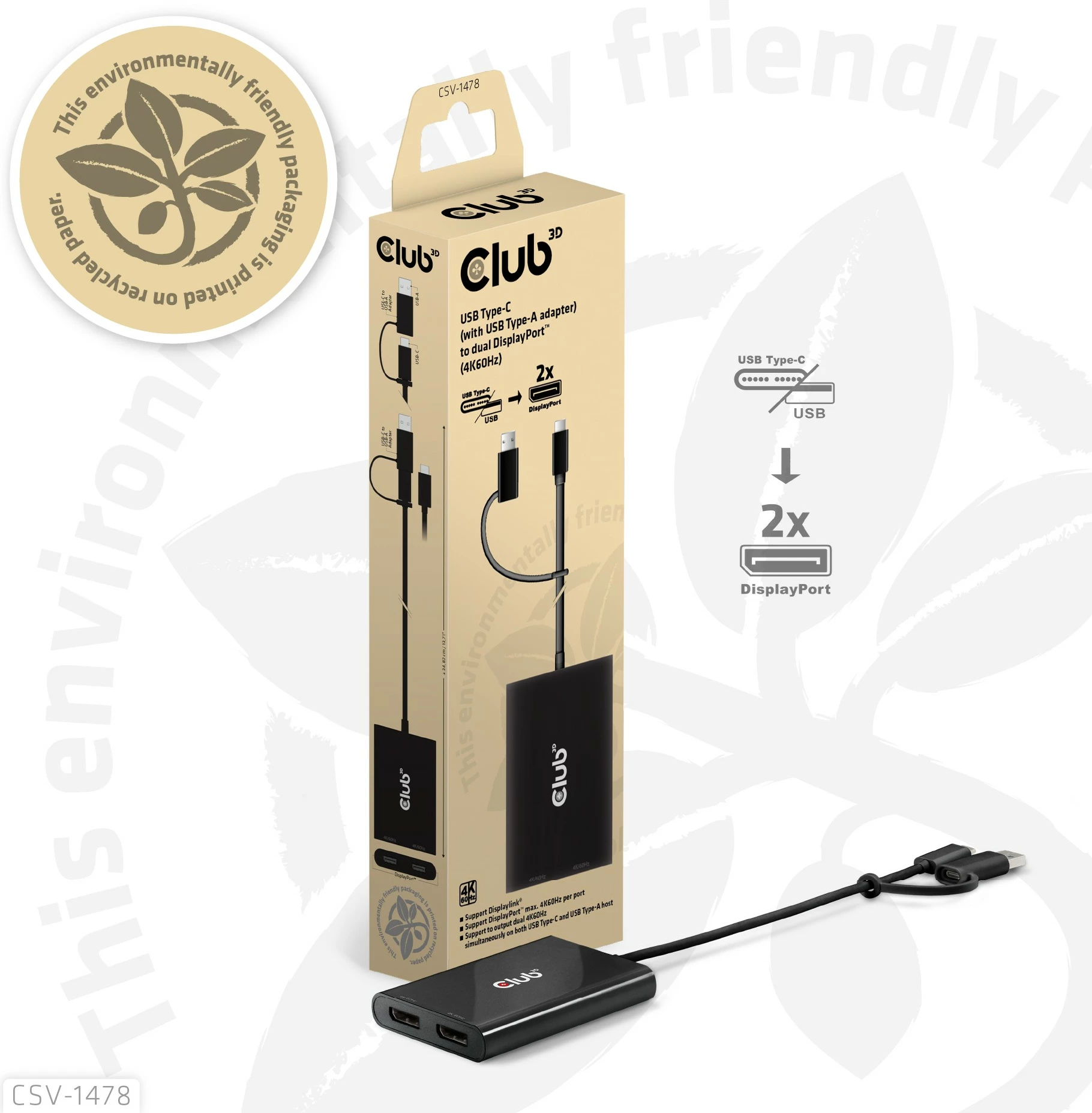 Adapter Club3D USB-C/USB-A në 2x DisplayPort 4K, i zi