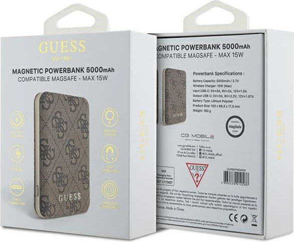 Powerbank Guess GUPB5FP4EMGW 5000mAh, 15W, MagSafe, kafe