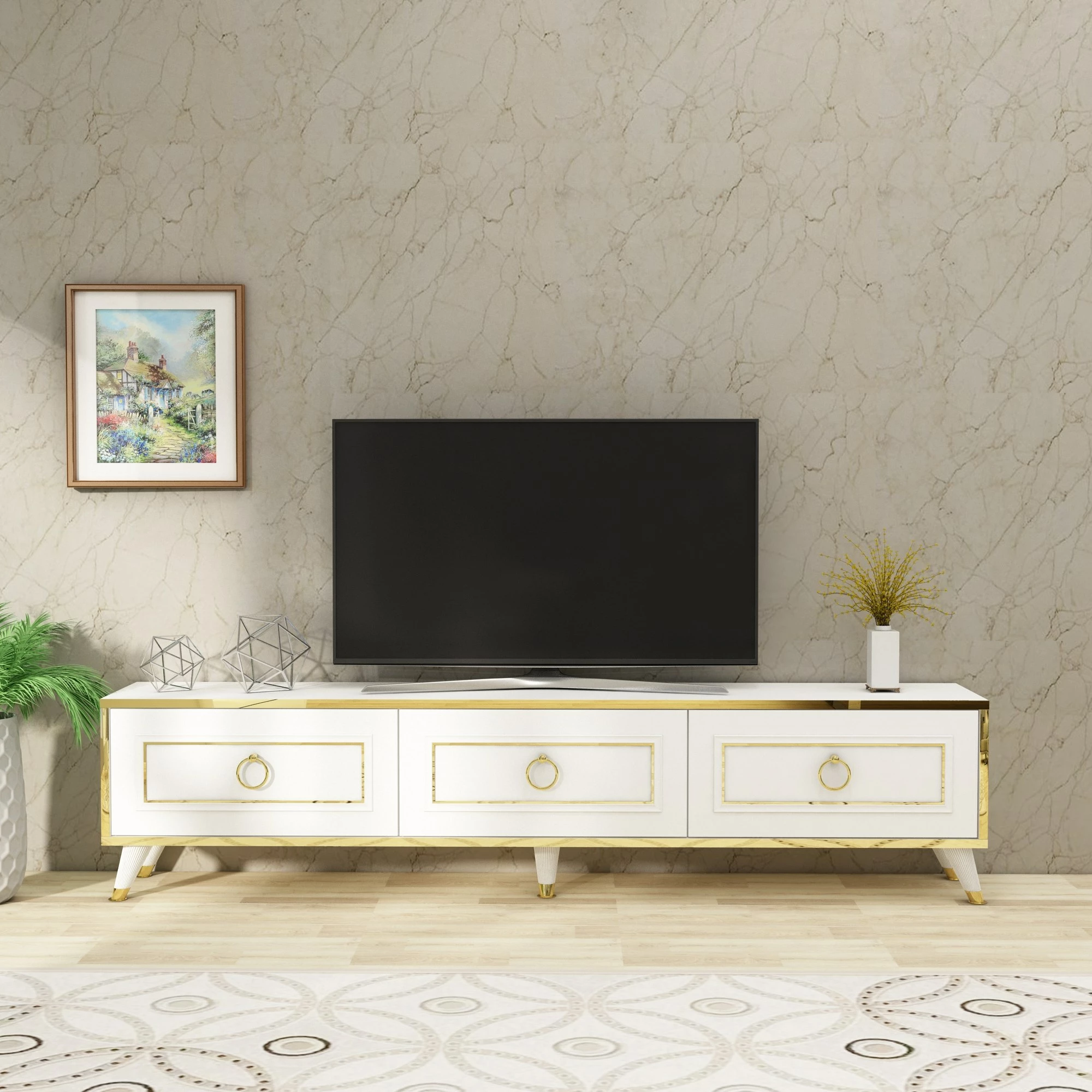 Komodë TV Hanah Home, Sona, e bardhë me të artë
