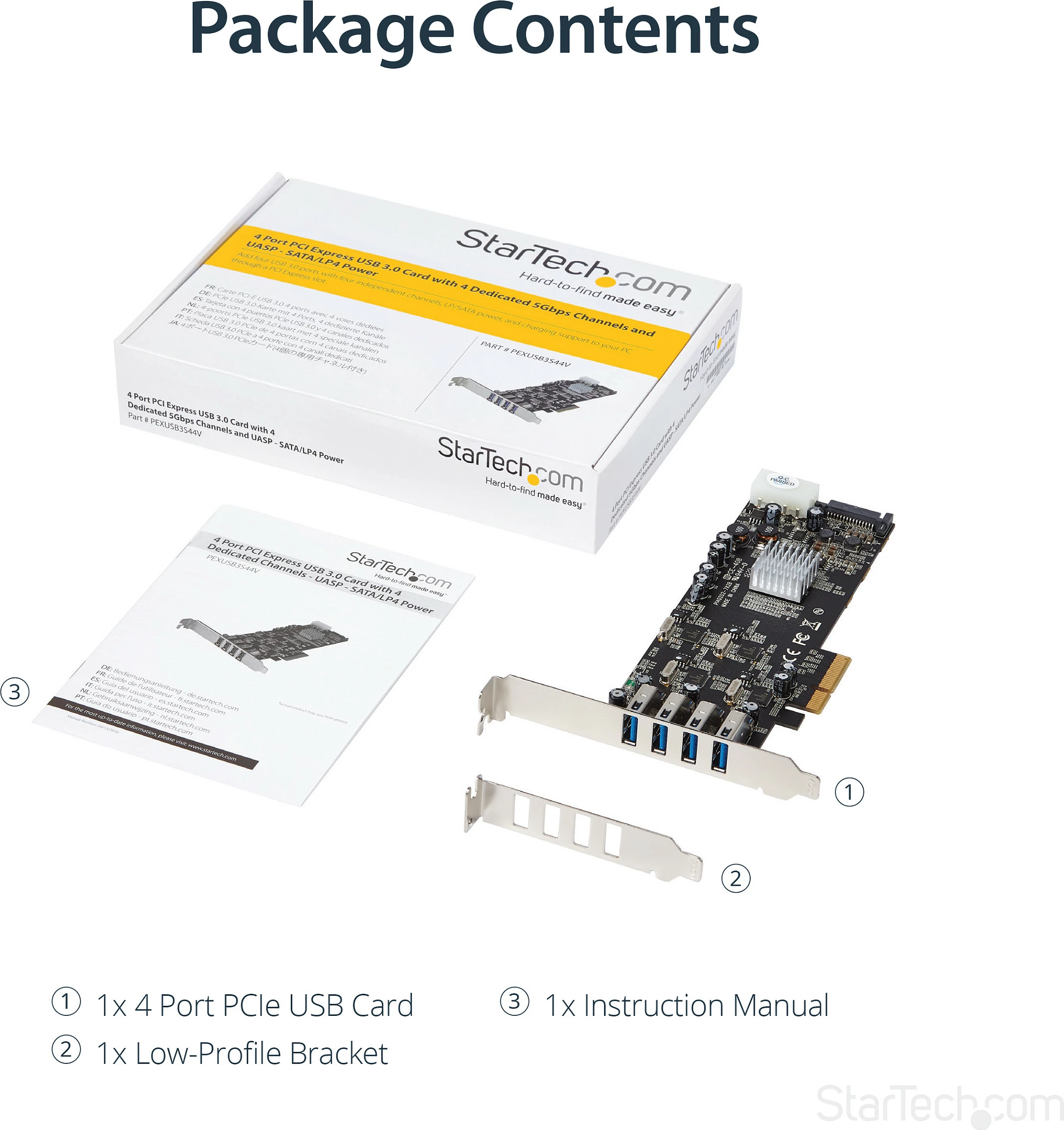 Kartelë PCIe USB StarTech PEXUSB3S44V, 4x USB 3.2 Gen 1, UASP, Full/Low Profile, e zezë