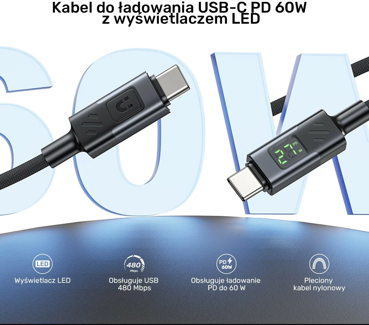 Kabllo USB-C Unitek USB-C/USB-C, 1m, 60W, me ekran, e zezë