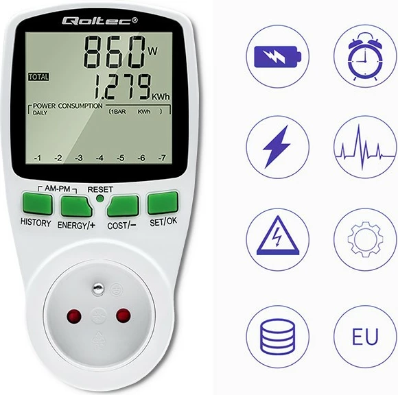 Matës i konsumit të energjisë Qoltec PM0627, 3680W, 16A, LCD, Bardhë