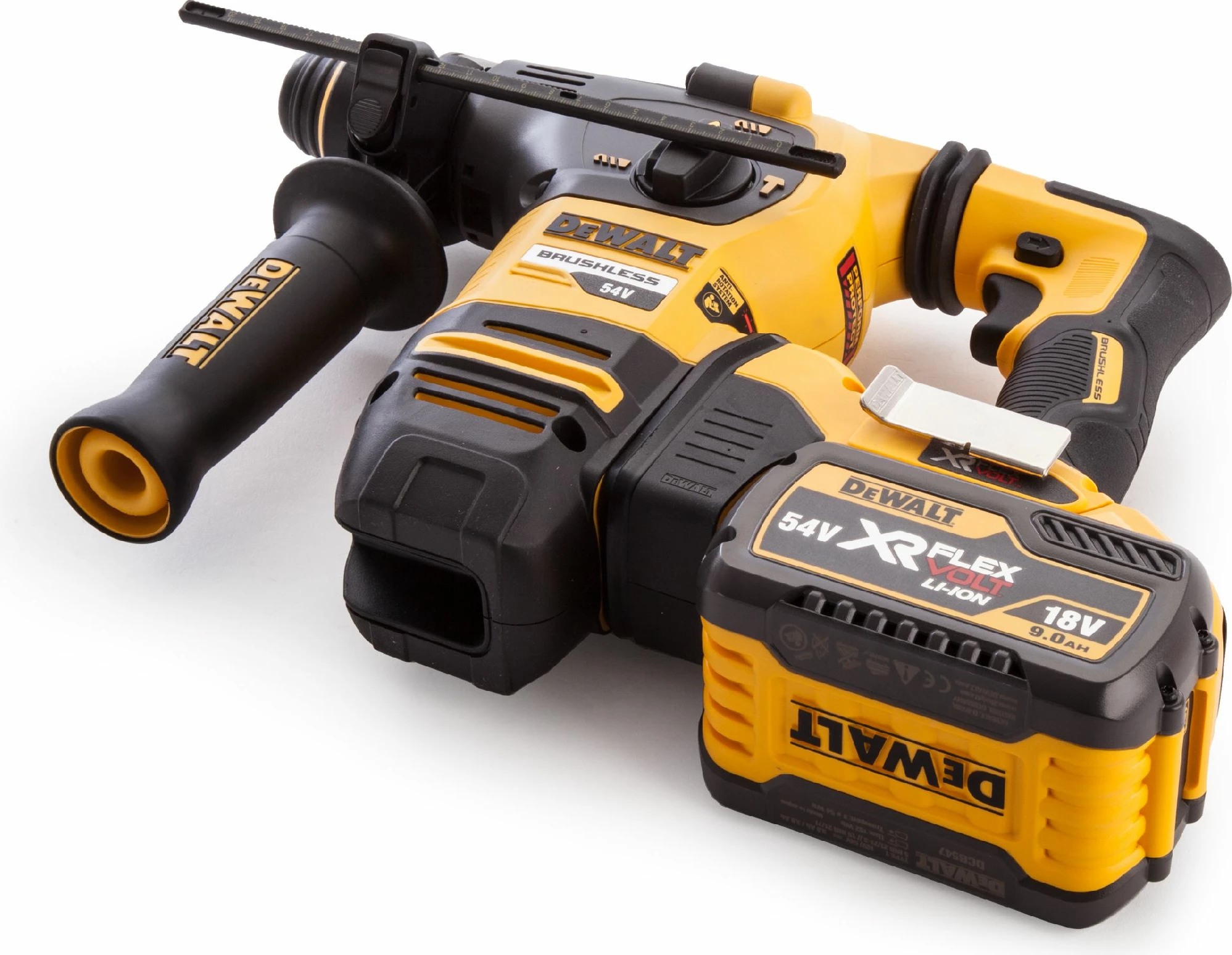 Trapan çekiç rrotullues Dewalt DCH333X2 54V 3.5J SDS-Plus, 2x 9Ah me karikues, në kuti, e verdhë/zezë