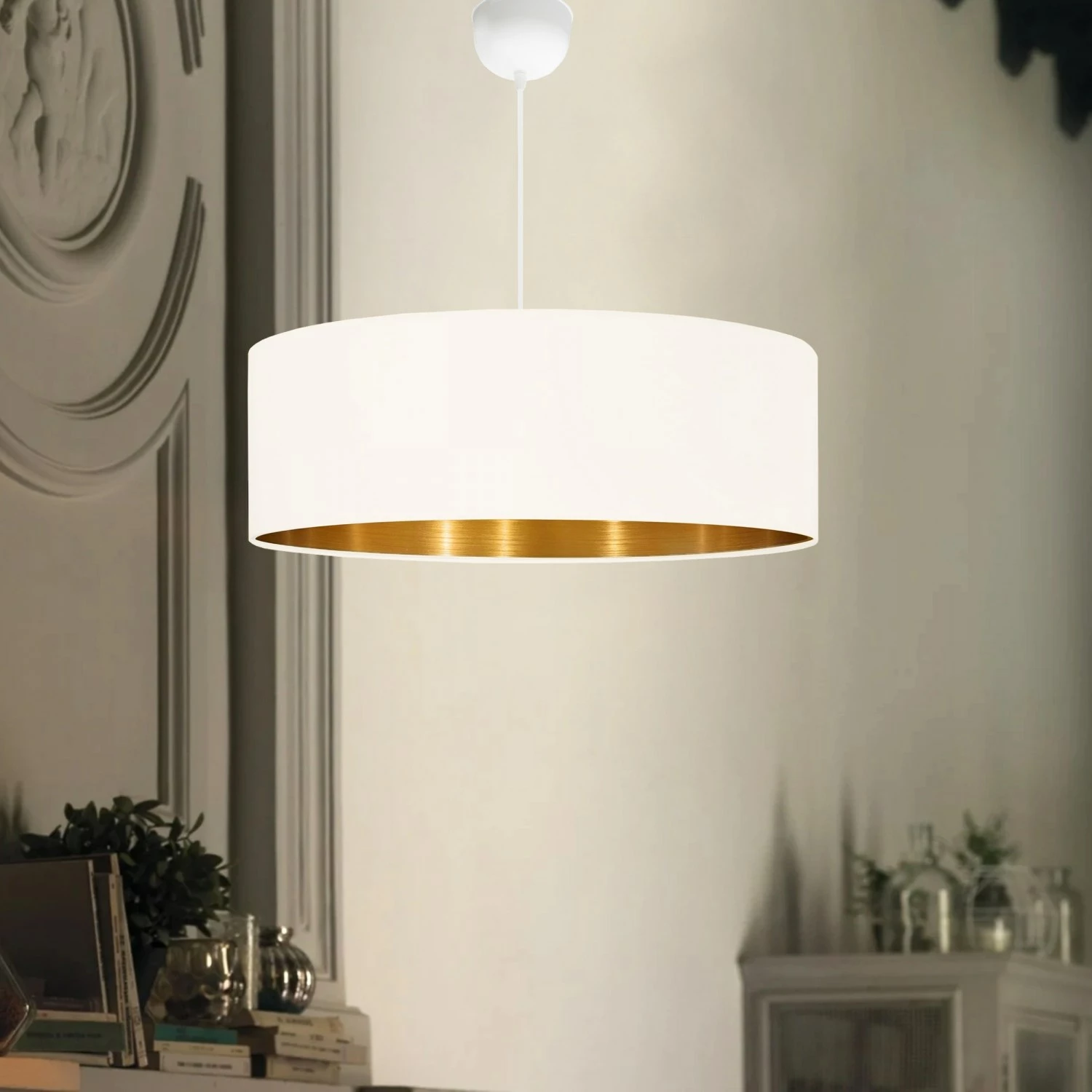 Llambë tavani Opviq, AYD-3549, kapak prej stofi, krem dhe ari, Ø50cm