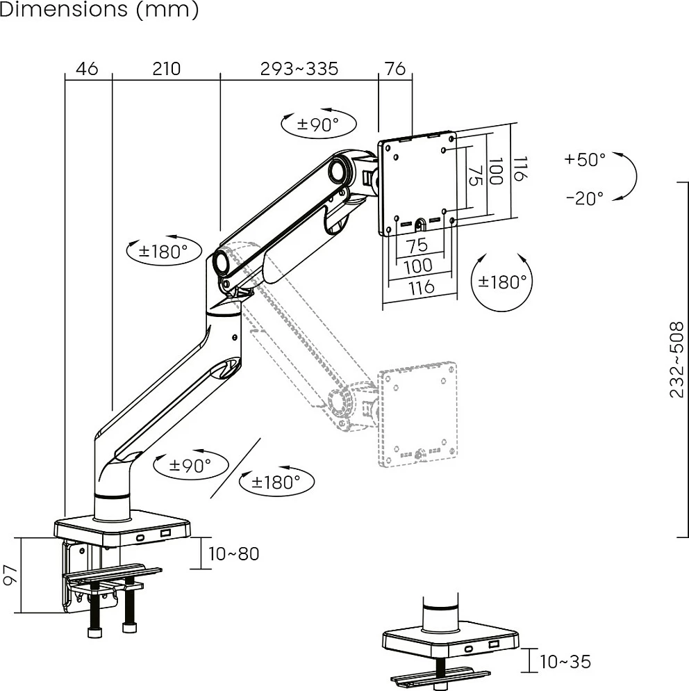 Mbajtës monitori Digitus Single Monitor Mount, deri 49", 20 kg, VESA 75x75/100x100, Clamp, i zi