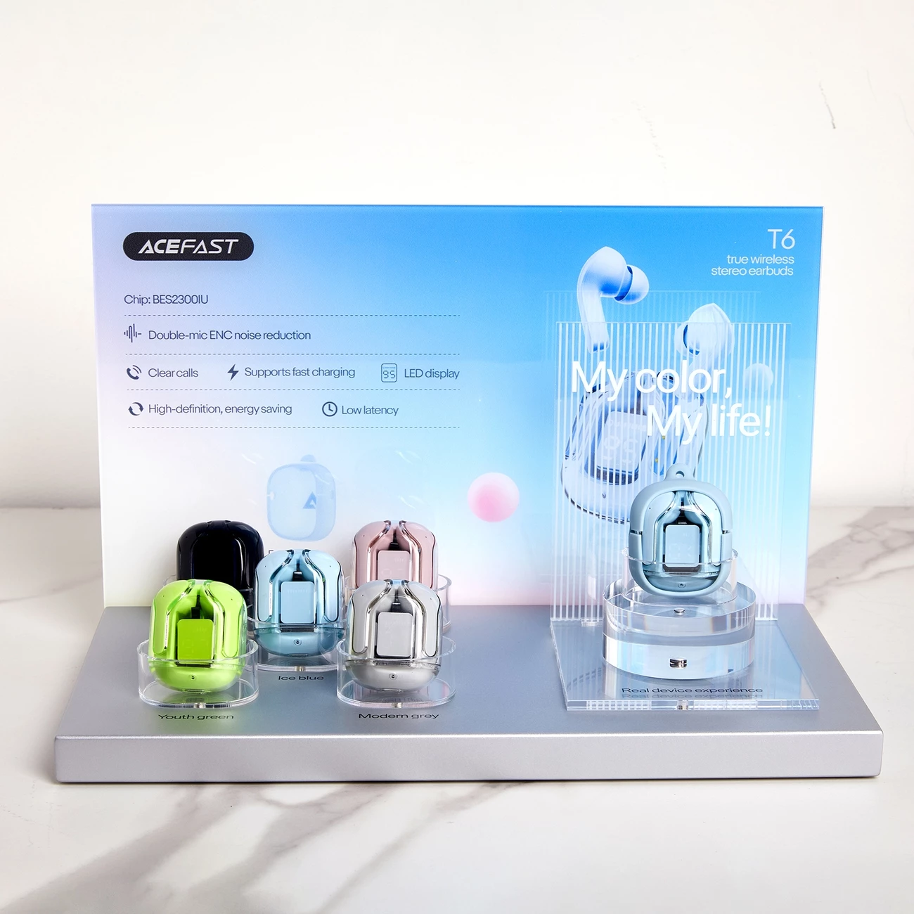 Kufje Acefast T6 TWS wireless, Bluetooth, me ekran LED, Blu