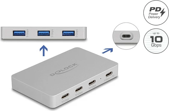 USB hub DeLOCK 7-port, 4x USB-C, 3x USB-A, PD 82W, gri