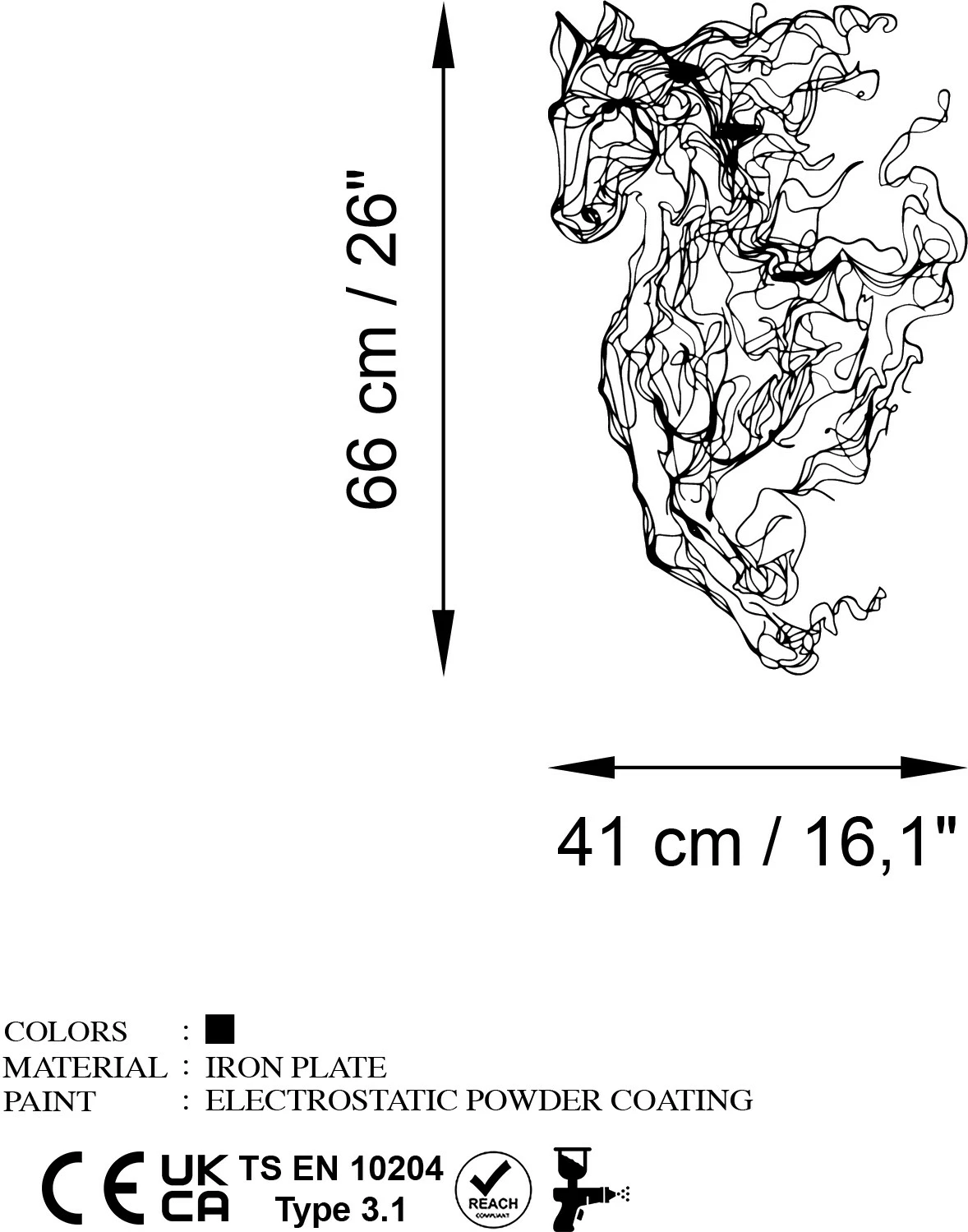 Aksesor dekorativ metalik për mur, Wallity Cavallo-1, ngjyrë e zezë, 41x66cm