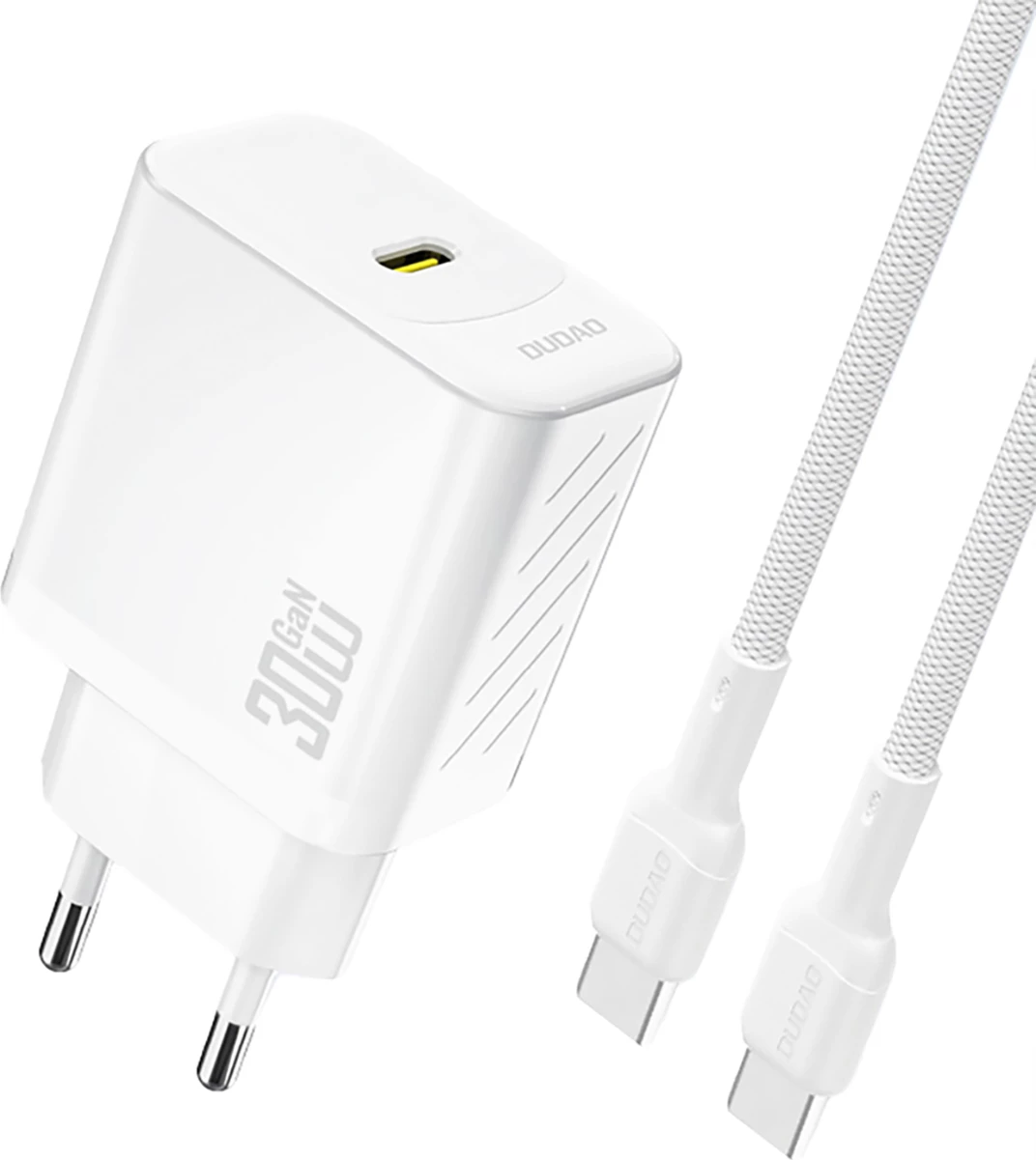 Karikues muri USB-C GaN, Dudao A27PCEU, PD 30W, 1 port, prizë EU, i bardhë, me kabllo USB-C