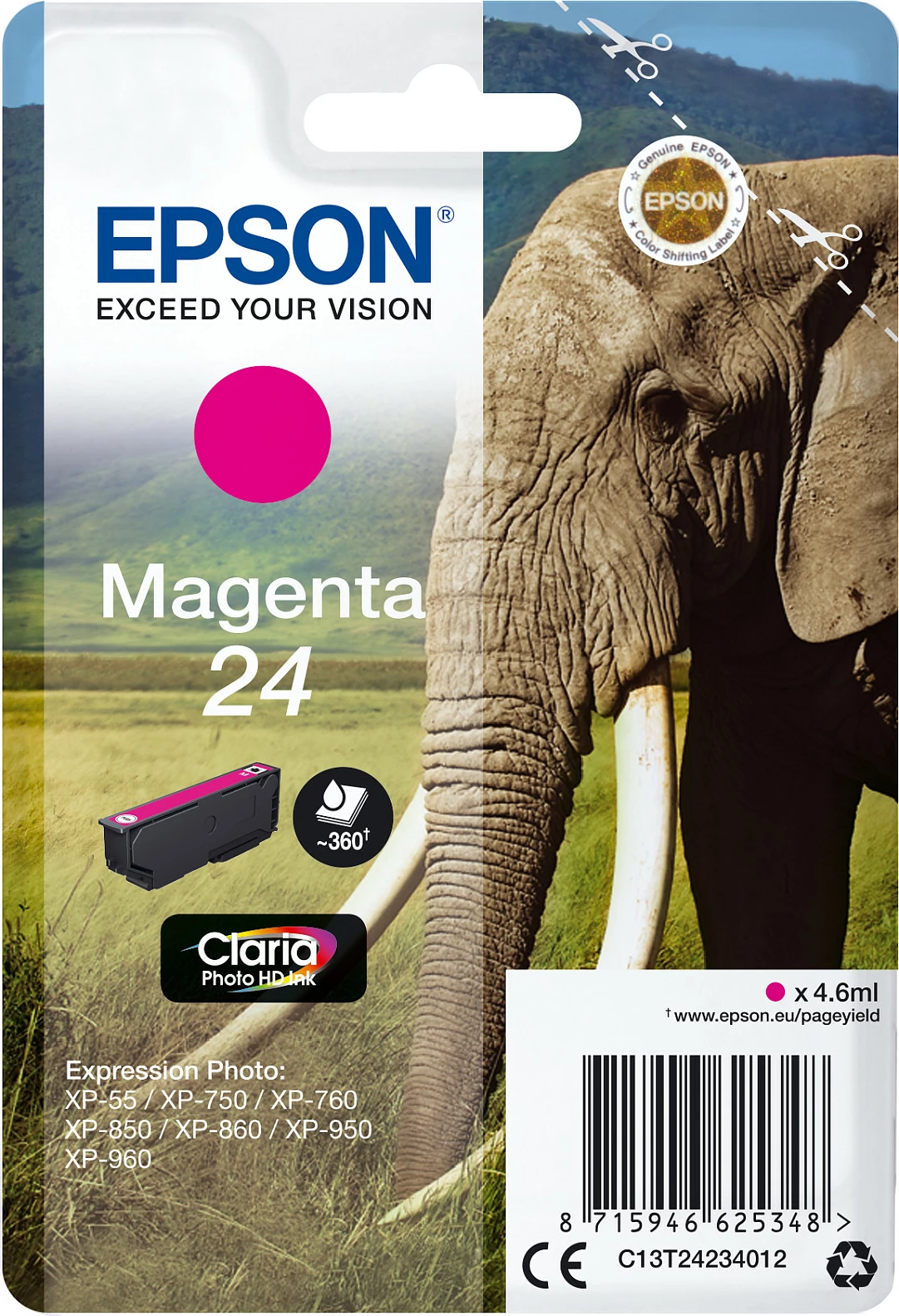 Toner Epson Elephant Singlepack Magenta 24 Claria Photo HD, 4.6ml, pigment, 360 faqe