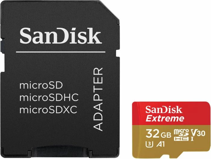 Kartelë memorie SanDisk Extreme microSDHC 32GB, 100MB/s, A1/C10/V30, UHS-I U3, me adapter SD, e kuqe/artë