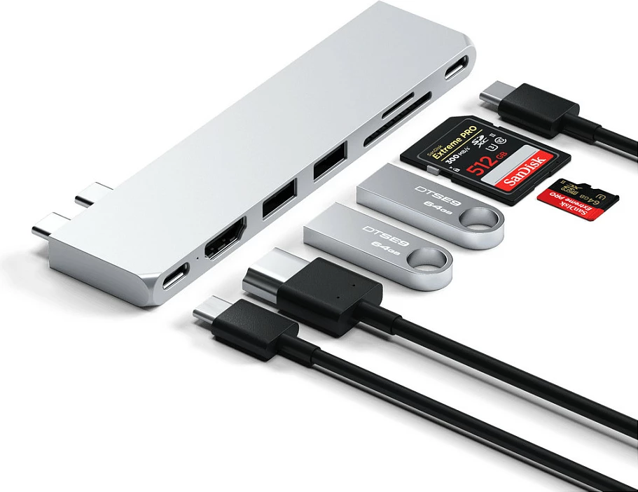 Adapter Hub USB-C Satechi Pro Hub Slim ST-HUCPHSS, HDMI, 2x USB-A, SD/microSD, argjendtë