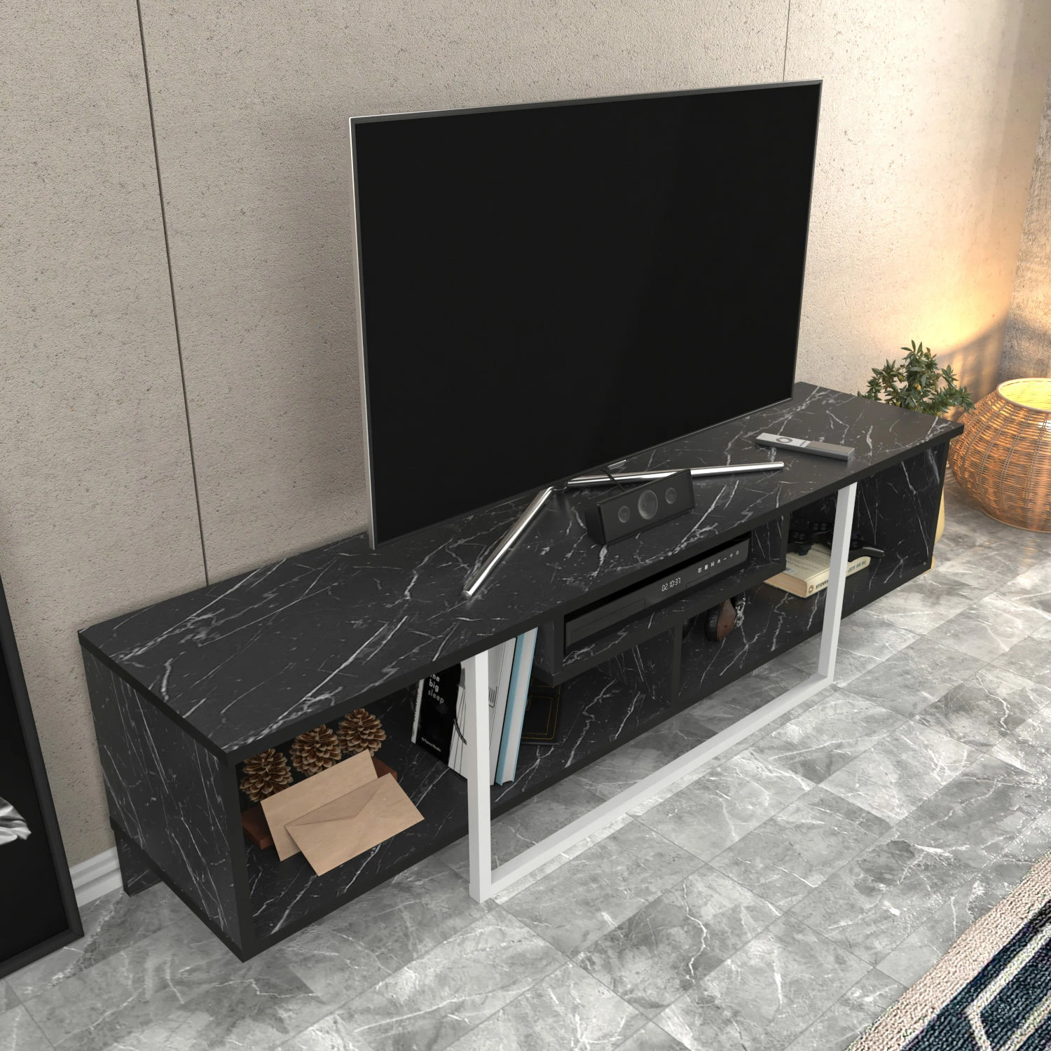 Komodë TV Skye Decor, Asal 150, e zezë dhe e bardhë