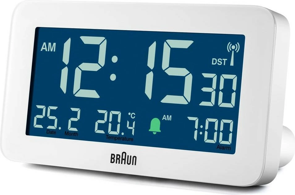 Alarm digjital Braun BC10, ekran LCD, termometër, orar 12/24h, bardhë