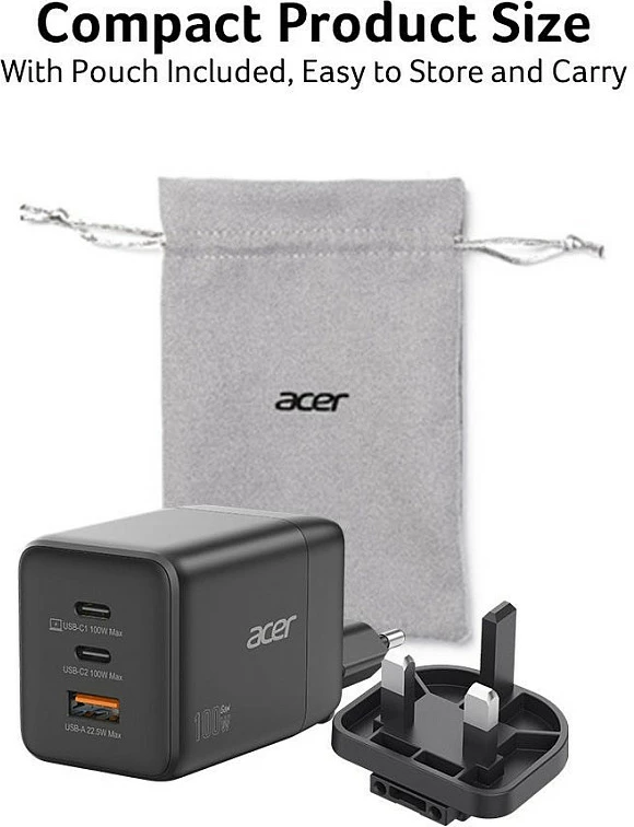 Karikues Acer GaN 100W, 2x USB-C + 1x USB-A, USB PD 3.0, i zi