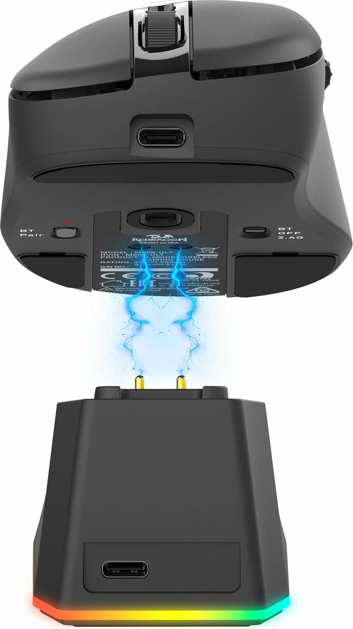 Maus Redragon Ebony Ultra M998-ULT 8K, 30000 DPI, tri-mode (USB/2.4GHz/Bluetooth), 6 butona, 61 g, me stacion karikimi magnetik RGB me LCD, i zi, set 2 copë