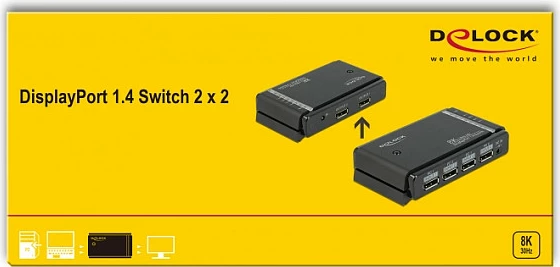 Switch DisplayPort DeLOCK 1.4, 2x2 hyrje në 1x2 dalje, 8K, metal, i zi