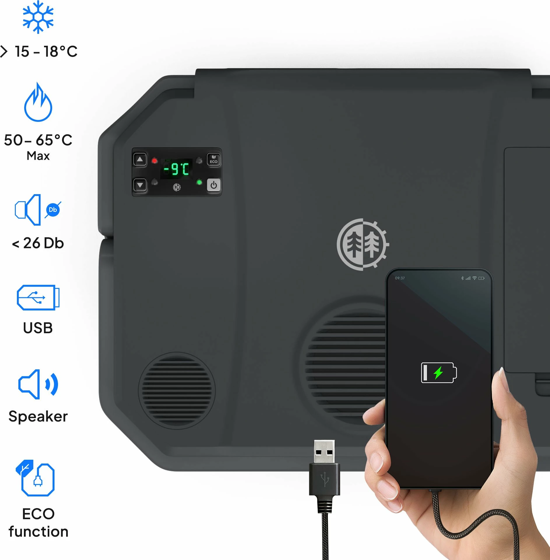 Frigorifer udhëtimi Peme Trip 31.5 L, ftohje/ngrohje, Bluetooth, USB, 12V/230V, i zi