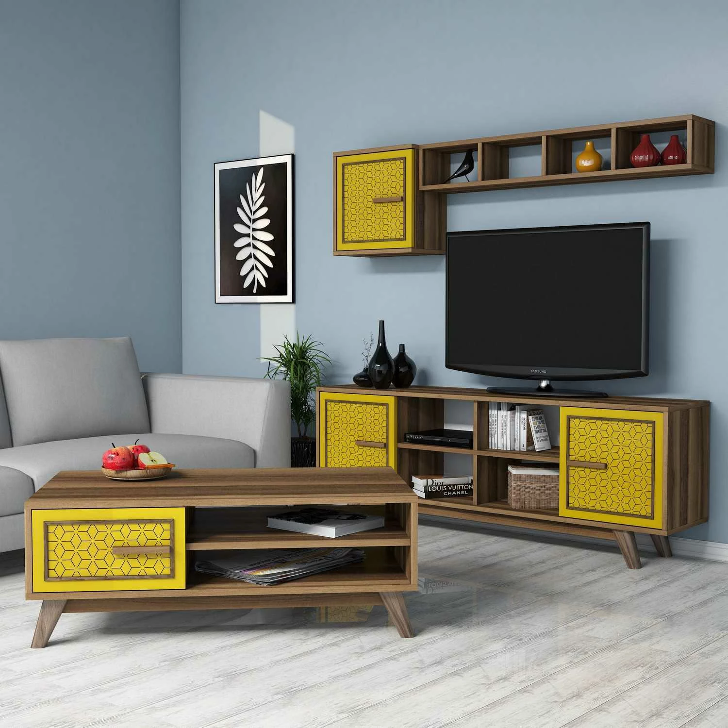 Set mobiljesh për dhomë dite, dizajn lulesh, ngjyrë arre dhe e verdhë, Skye Decor Ayla
