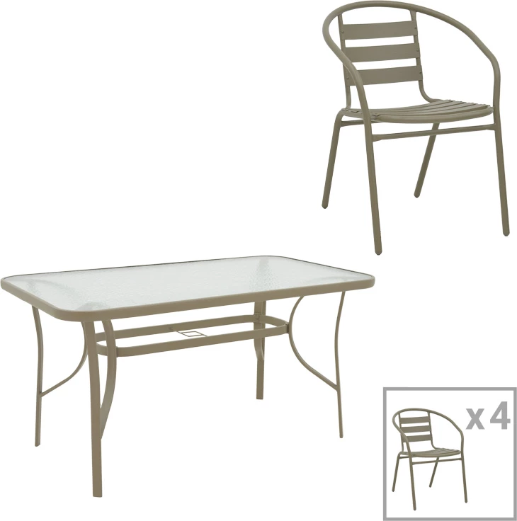 Tavolinë me karrige Tade-Ensure, 5 copë, metal-xham, ngjyrë shampanjë, 140x80x70cm