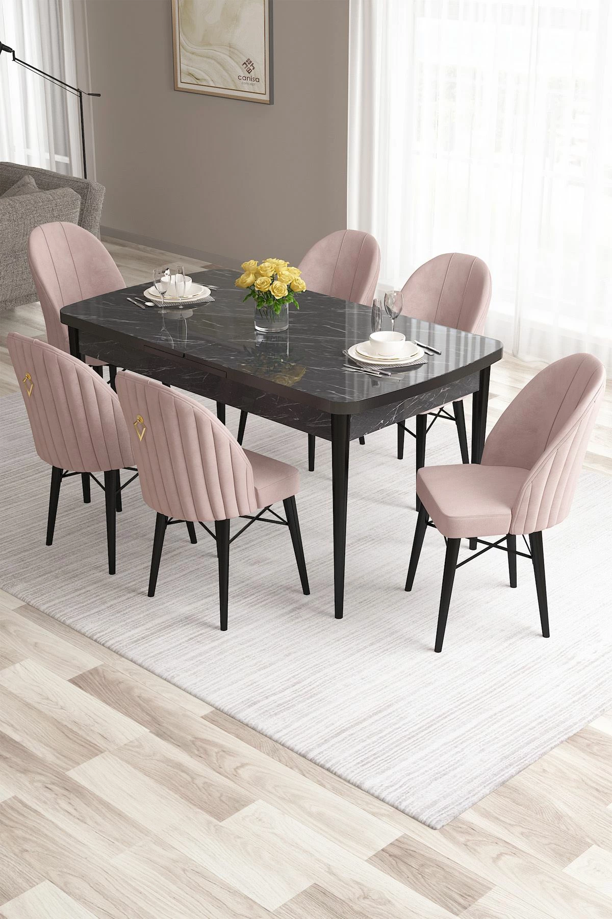 Set tavoline me karrige për ngrënie, e zgjatshme, Skye Decor, 7 copë, mermer i zi, rozë
