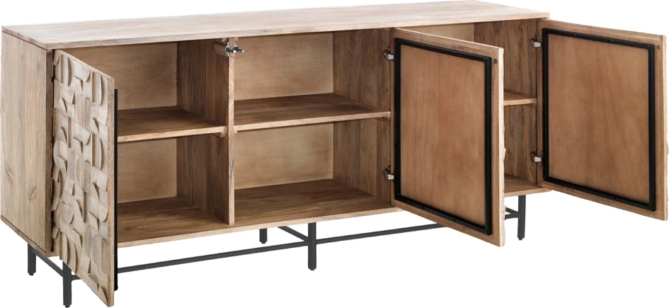 Bufe Cyclos me 3 dyer, dru mango natyral, bazë metalike e zezë, 172x45x75cm