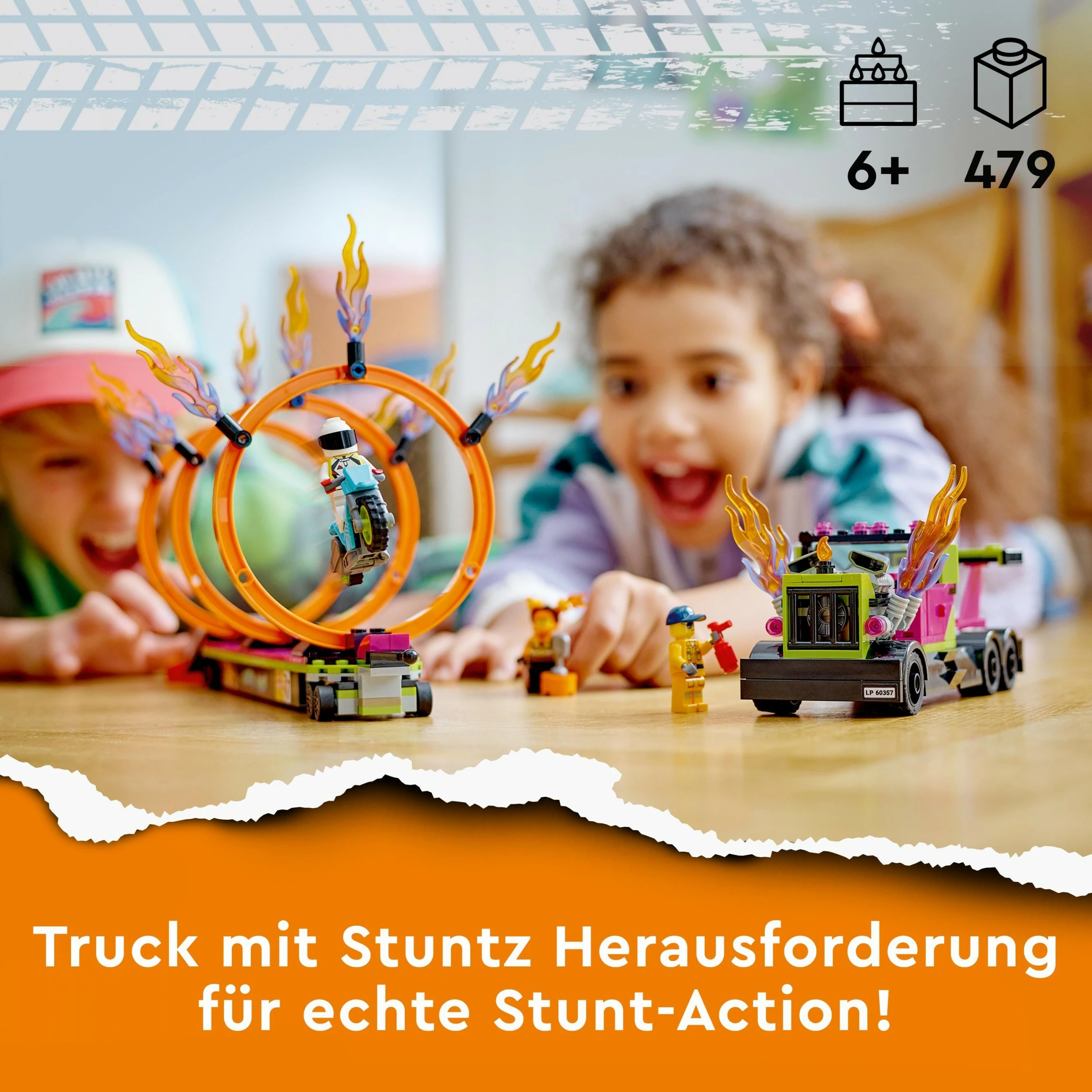 Set ndërtimi LEGO City Stunt Truck & Ring of Fire Challenge, 479 pjesë, shumëngjyrësh