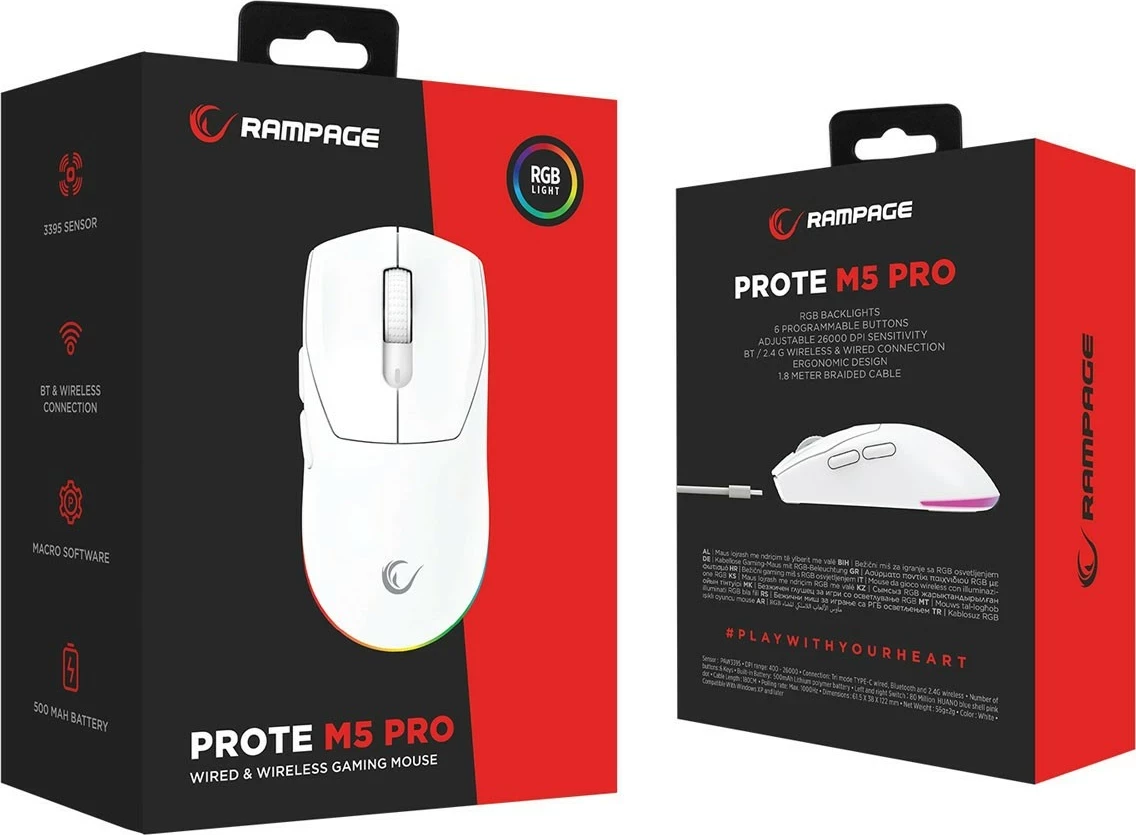 Maus Rampage Prote M5 Pro 26000 DPI RGB LED i bardhë