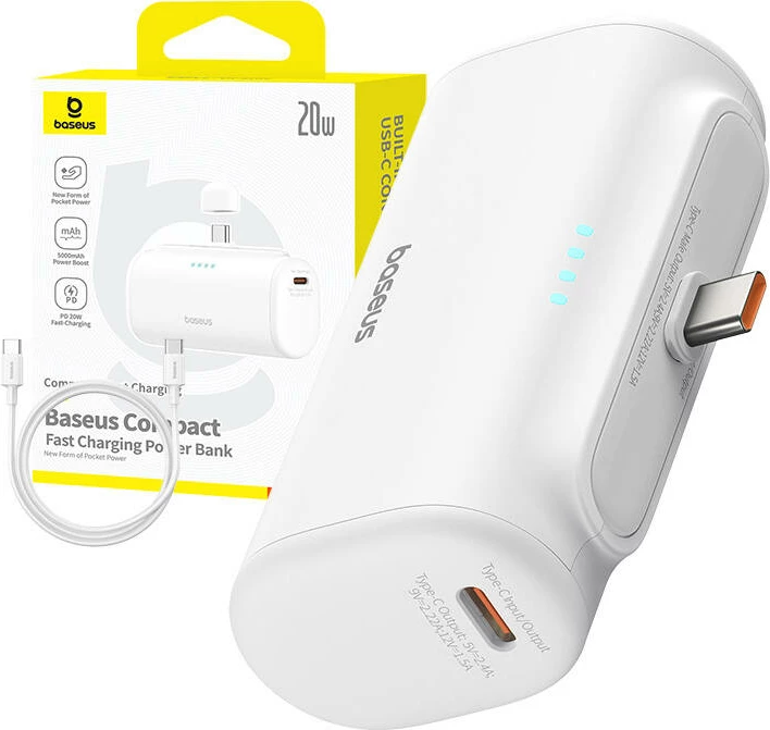 Powerbank Baseus Compact 5000mAh 20W USB-C bardhë