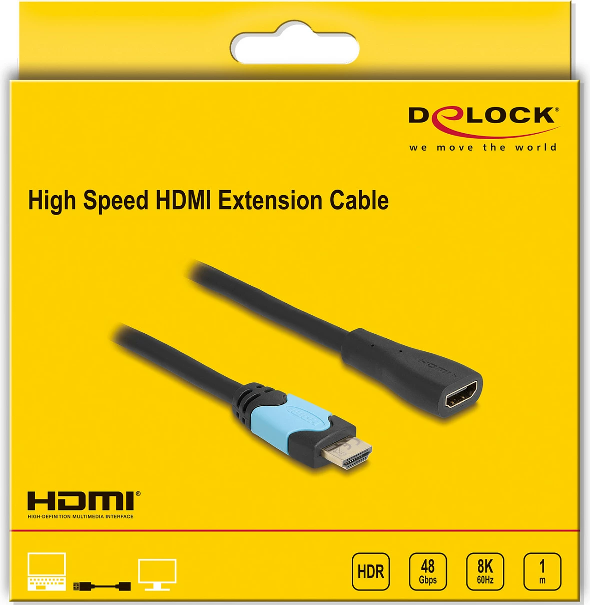 Kabllo zgjatëse HDMI DeLOCK High Speed 48 Gbps, 8K 60Hz, 1 m, Mashkull-Femër, e zezë/tyrqiz