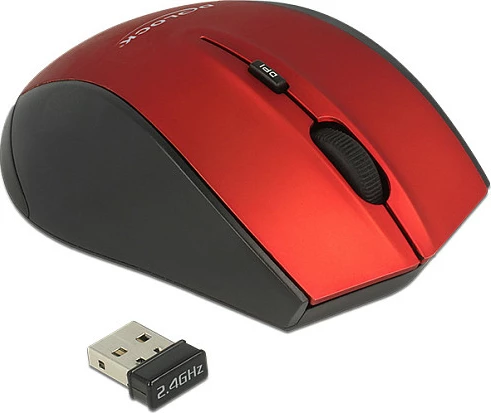 Maus wireless DeLOCK 12493, optik 1600 DPI, 2.4 GHz, për dorë të djathtë, zi/kuqe