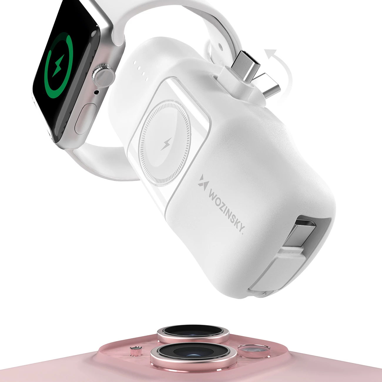 Powerbank Wozinsky WF16-YCS, 5000mAh, 15W, me kabllo USB-C të integruar dhe karikues për Apple Watch, Bardhë