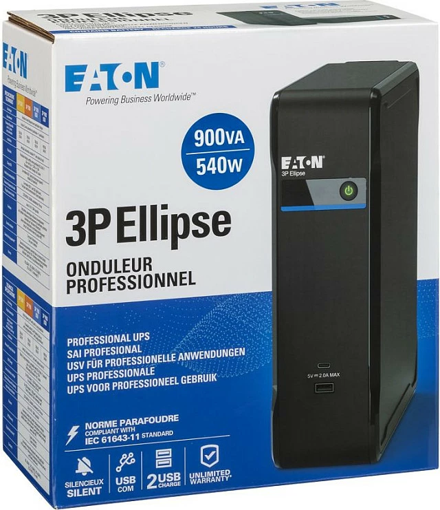 UPS Eaton 3P Ellipse, 0.9 kVA 540 W, 4 prizë, USB, i zi