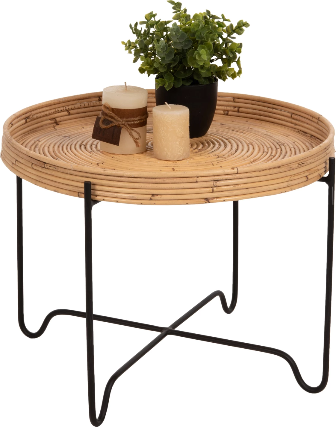 Tavolinë anësore rrethore FLY, rattan natyral, bazë metalike e zezë, Φ50x40H cm