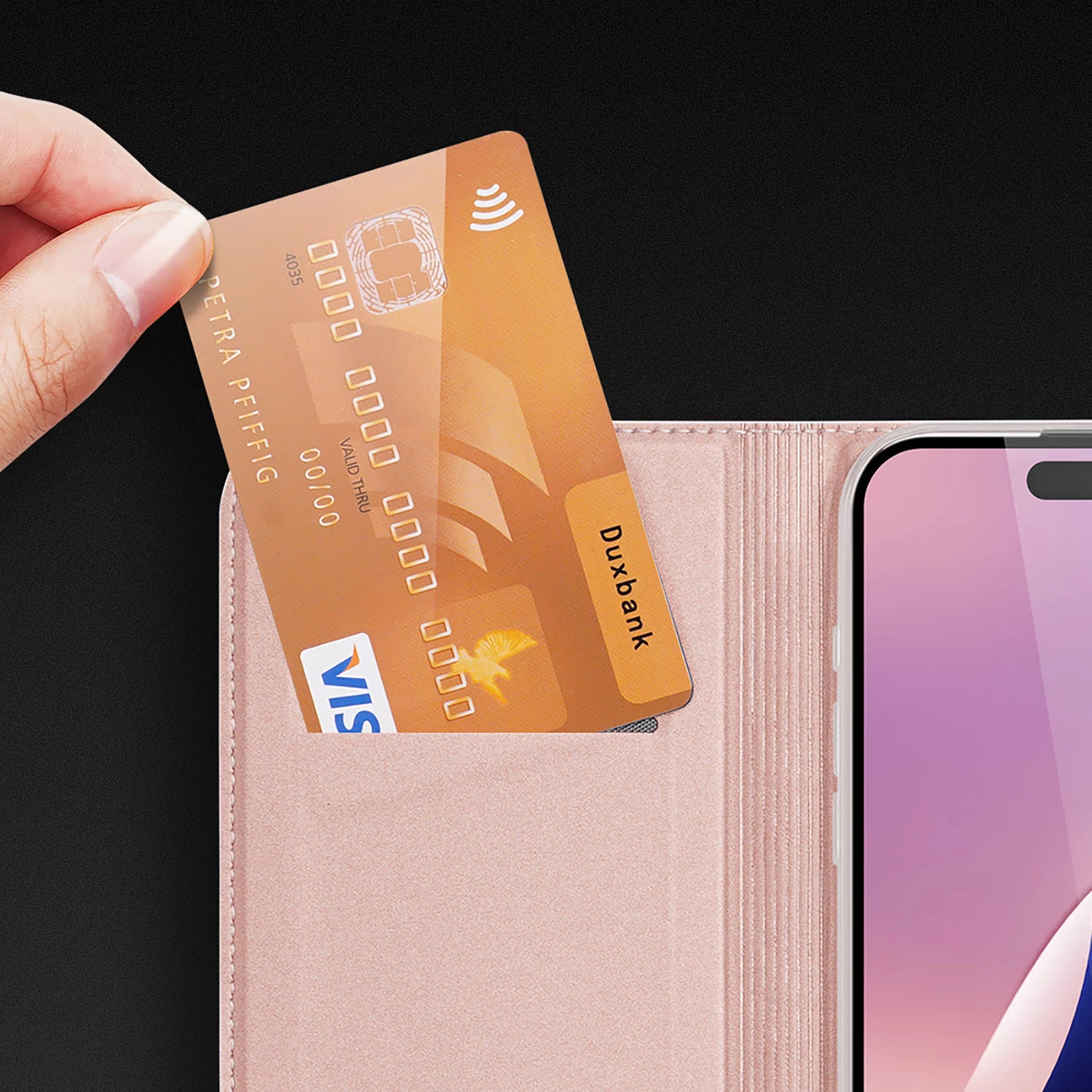 Mbështjellës Dux Ducis Skin Pro për iPhone 16 Pro Max, me kapak dhe xhep për kartela, Rozë