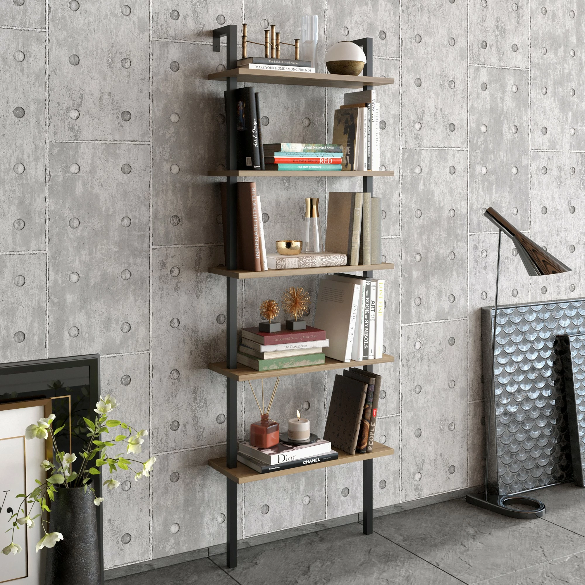 Raft librash Hanah Home, ngjyrë arre dhe e zezë, Piante