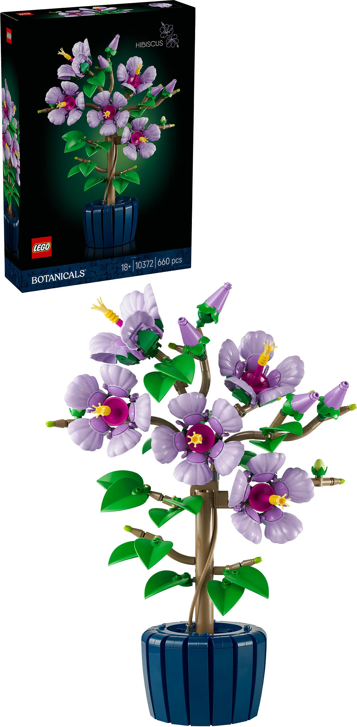 Set LEGO Icons 10372 Hibiskus, Botanicals, 660 copë, lule lejla me vazo blu
